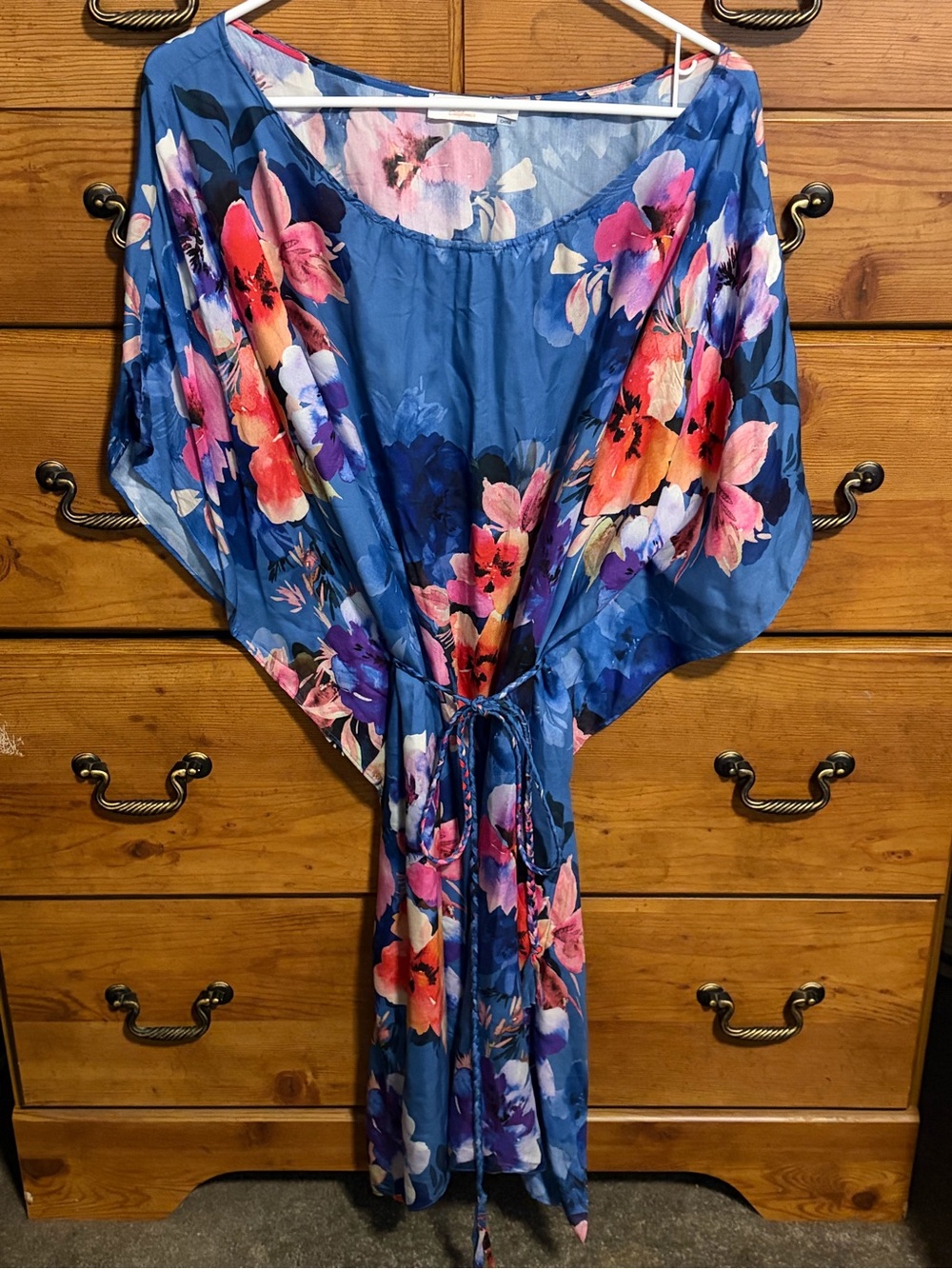 Johnny Was Blue Floral Midi Dress with Pink & Purple Blooms